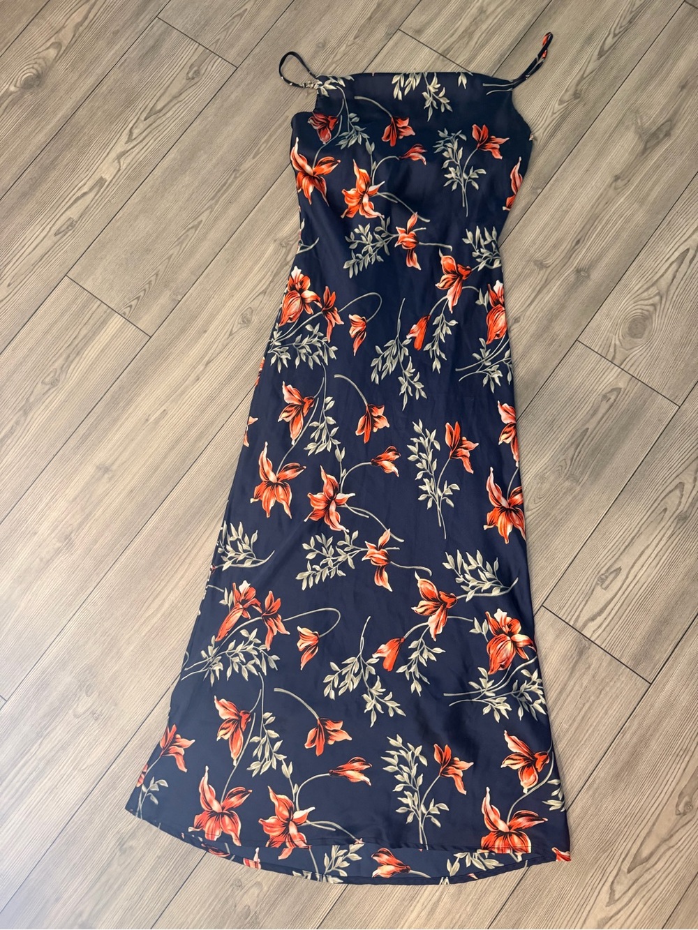 Lulu's Navy Maxi Slip Dress with Orange Floral Print